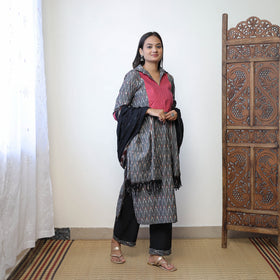 Grey - Handloom Cotton Pochampally Ikat Kurta Set 04