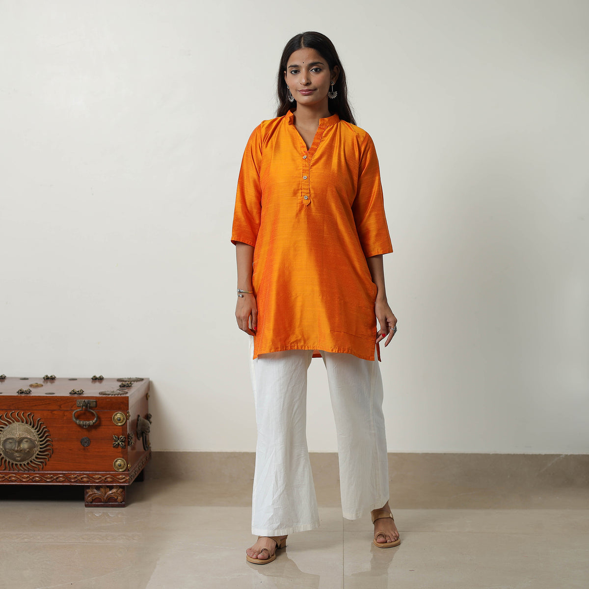 Khyati Orange Slub Silk Short Plain Kurta