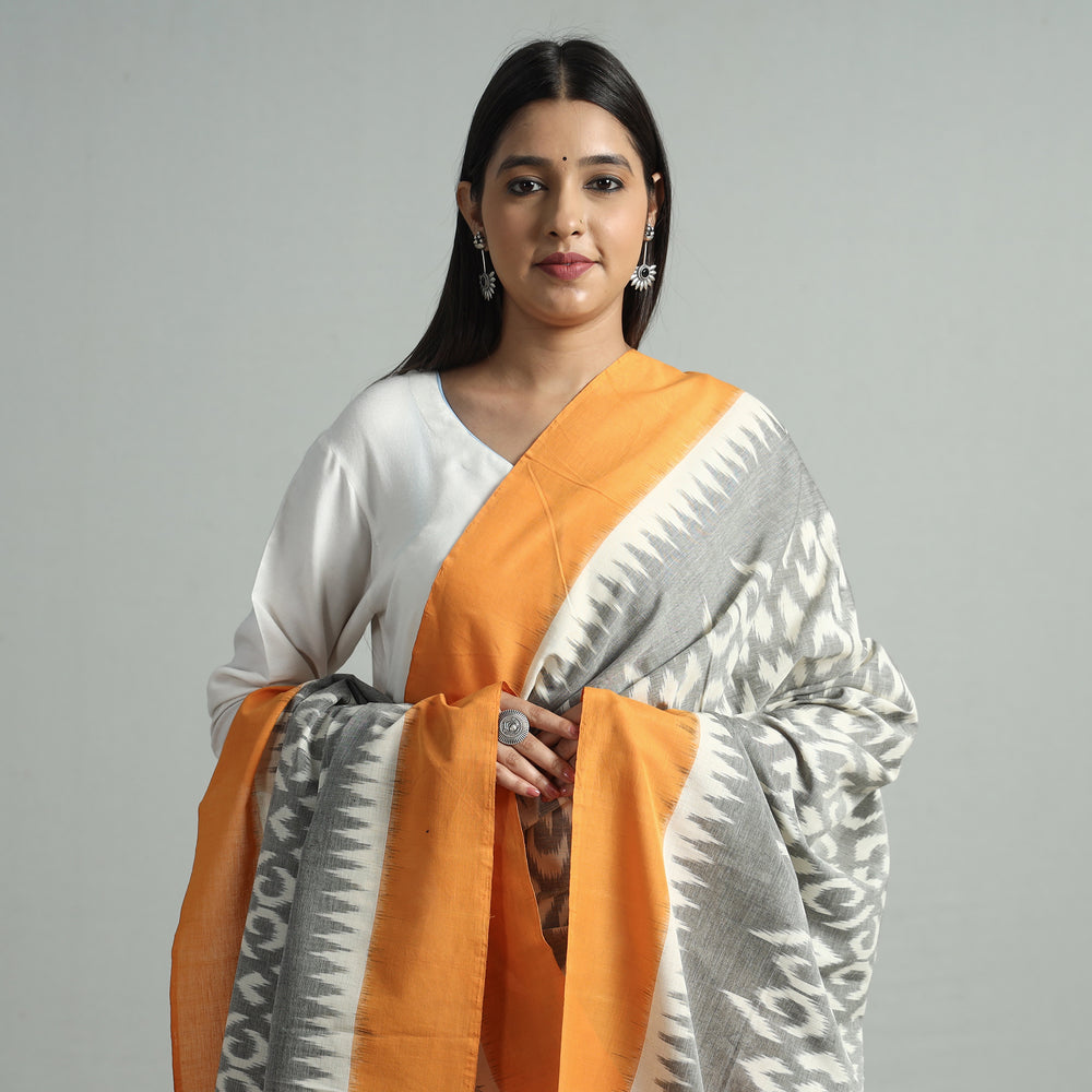 Yellow - Pochampally Ikat Handloom Cotton Dupatta with Tassels 12