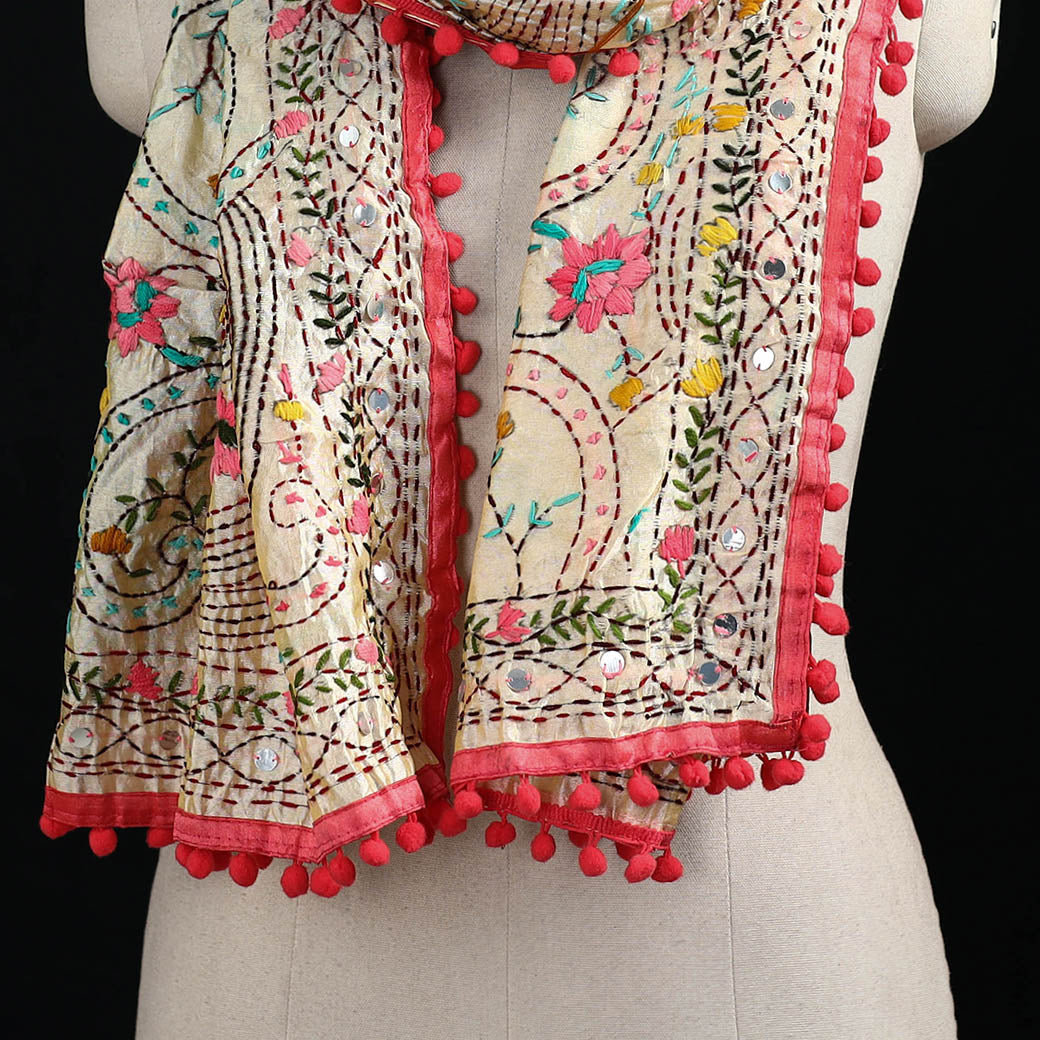 Ranihati Chanderi Silk Hand Embroidered Stole with Pom Pom 261