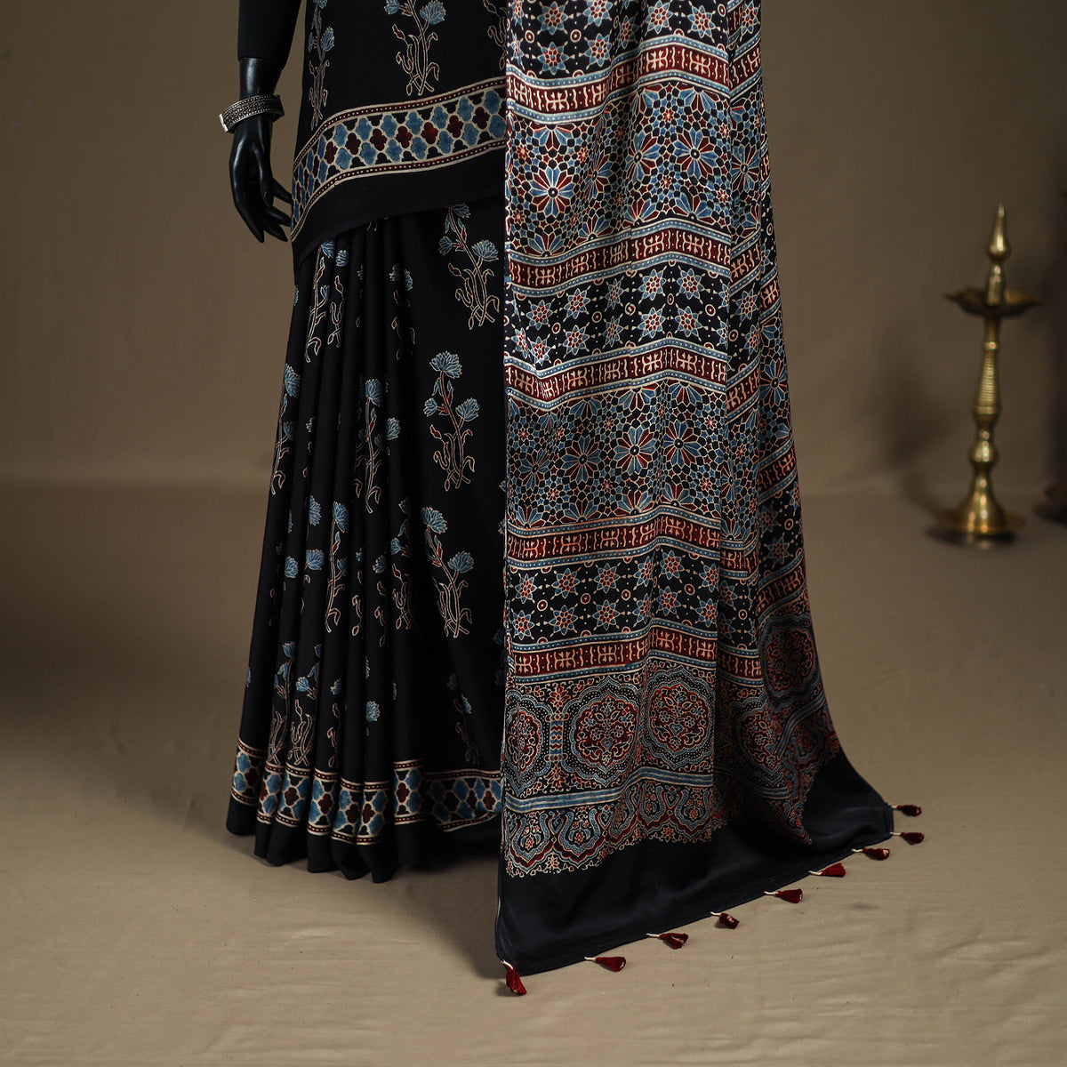Ajrakh Hand Block Print Natural Dyed Modal Silk Saree 08