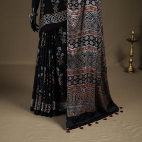 Ajrakh Hand Block Print Natural Dyed Modal Silk Saree 08