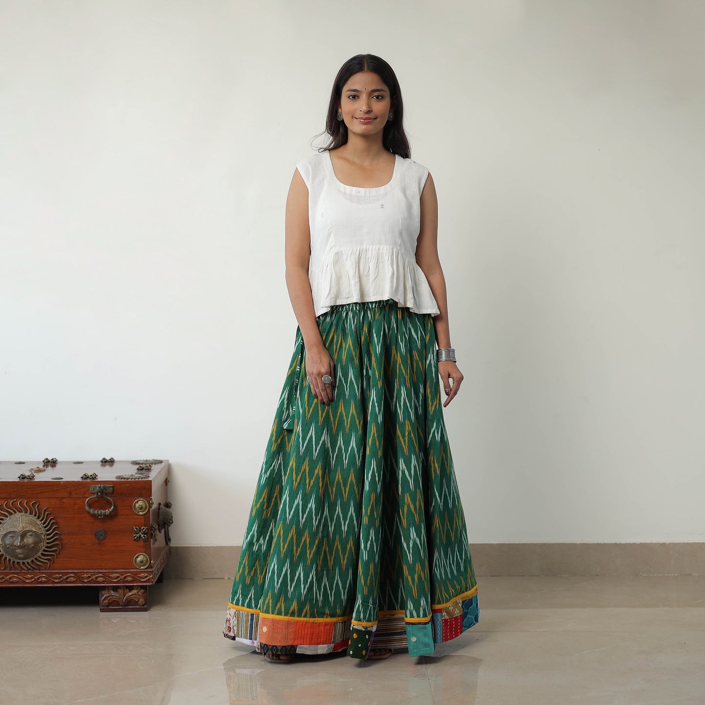 Green - 24 Kali Cotton Pochampally Ikat Skirt with Border 01