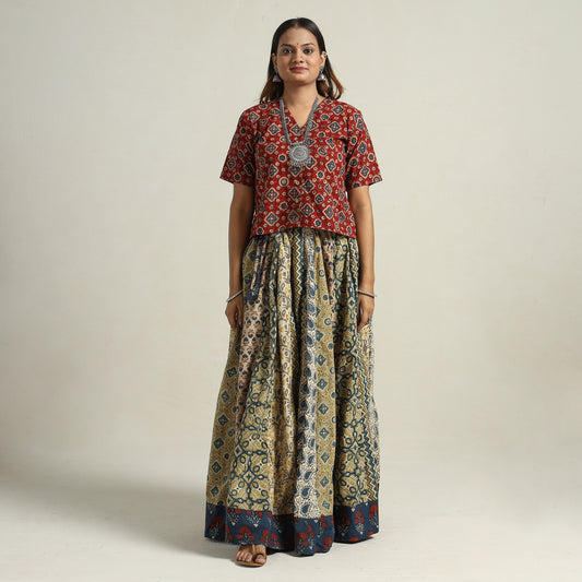 Ajrakh Block Printed 24 Kali Patchwork Cotton Long Skirt 52