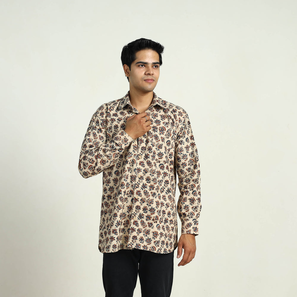 Beige - Pedana Block Print Cotton Men Kalamkari Shirt 03