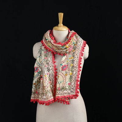 Ranihati Chanderi Silk Hand Embroidered Stole with Pom Pom 261