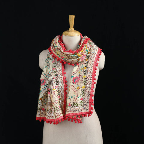 Ranihati Chanderi Silk Hand Embroidered Stole with Pom Pom 261
