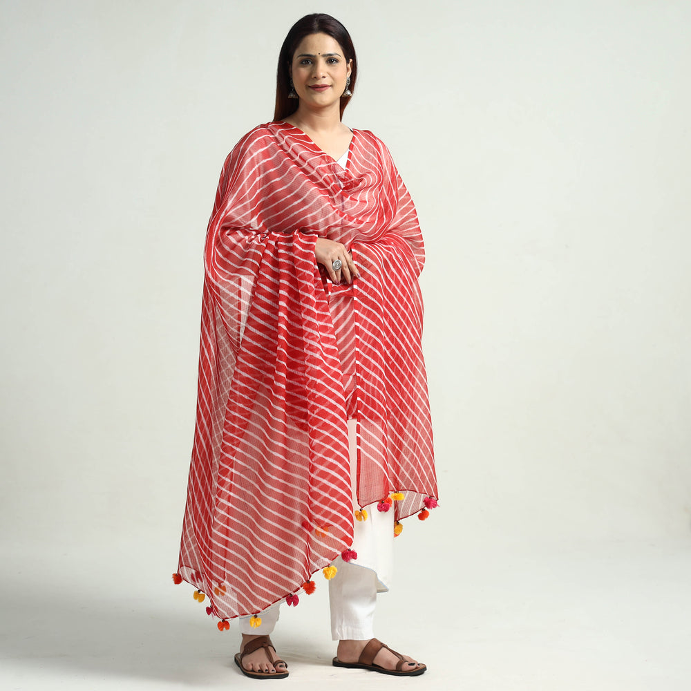 Red - Leheriya Tie-Dye Kota Doria Cotton Dupatta with Tassels 54