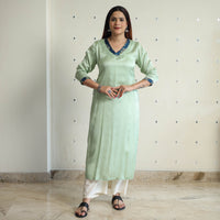 Light Olive Green - Modal Silk Plain Long Straight Kurta 14