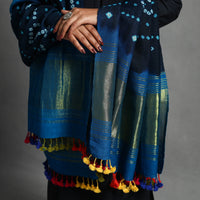 Blue - Kutch Zari Work Handwoven Bandhani Woolen Shawl 15