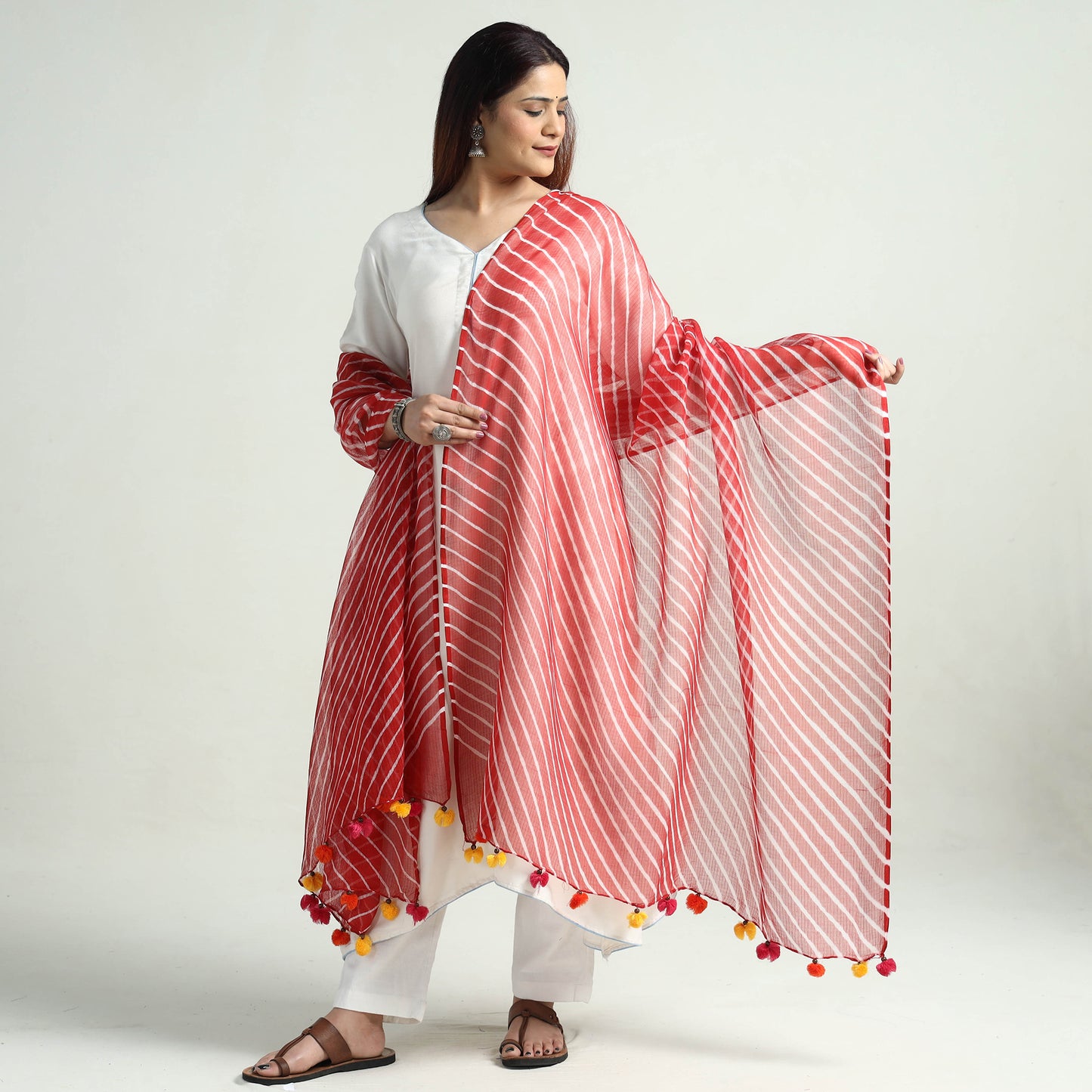 Red - Leheriya Tie-Dye Kota Doria Cotton Dupatta with Tassels 54