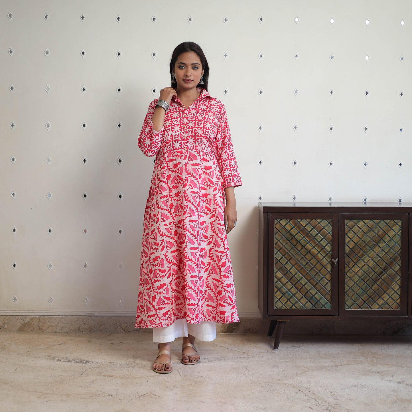 Pink - Cotton A-Line Batik Print Kurta 04