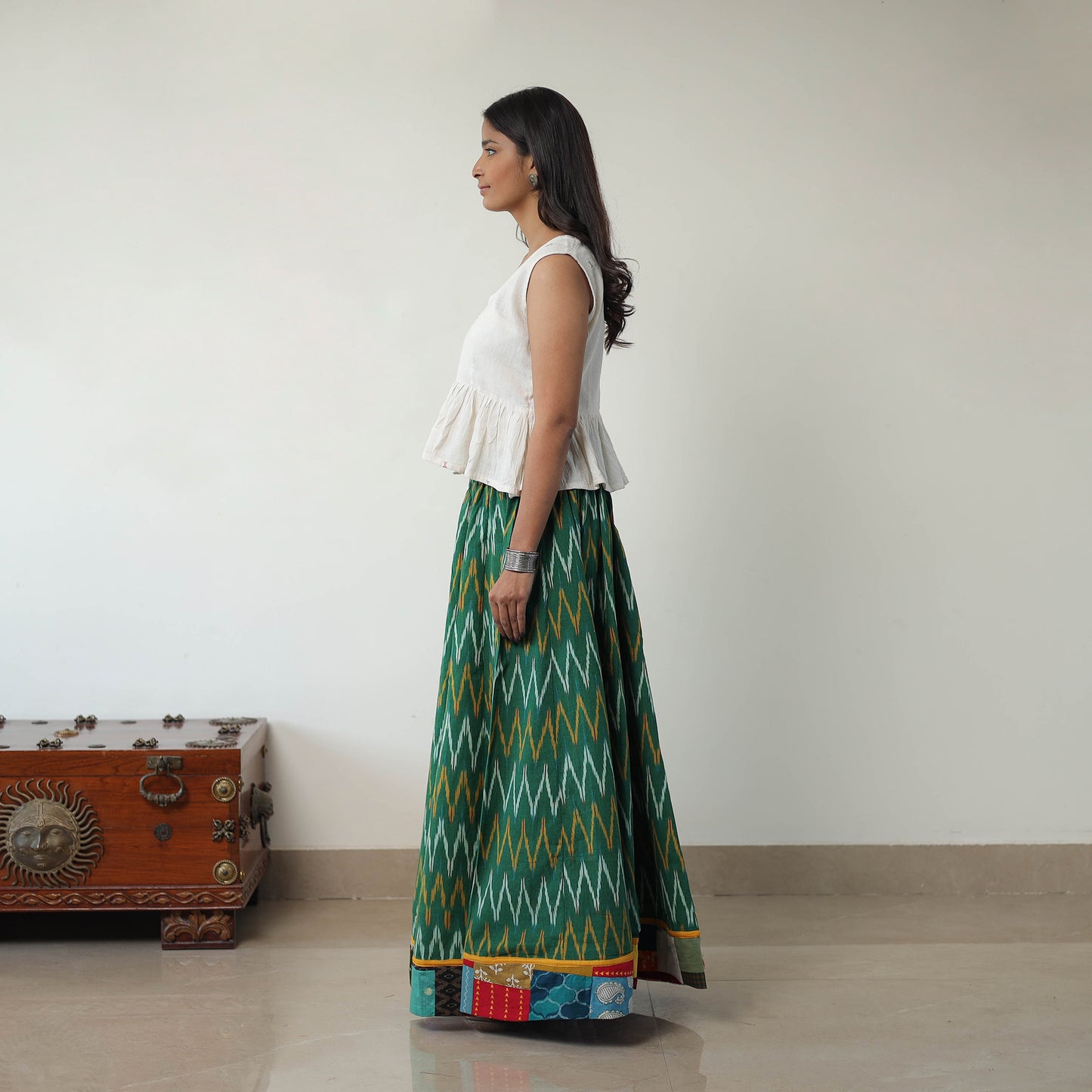 Green - 24 Kali Cotton Pochampally Ikat Skirt with Border 01