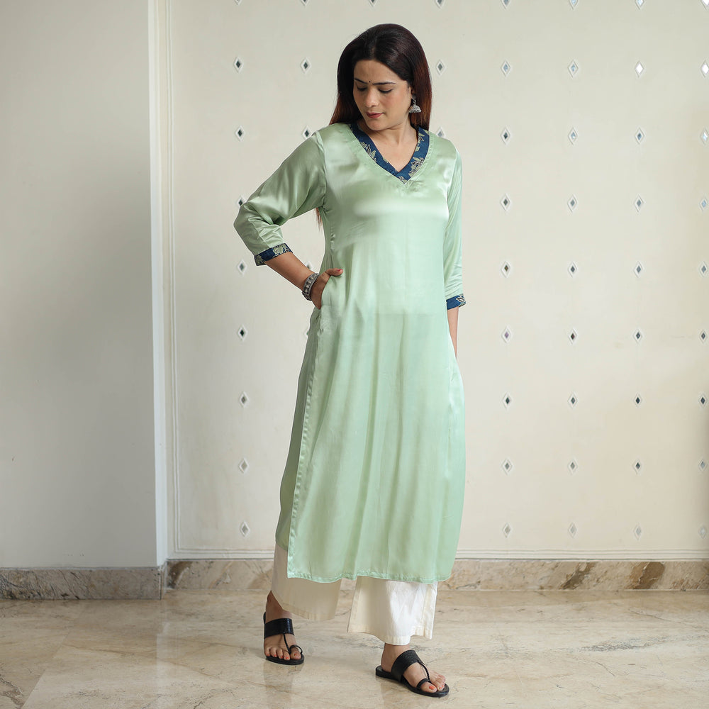 Light Olive Green - Modal Silk Plain Long Straight Kurta 14