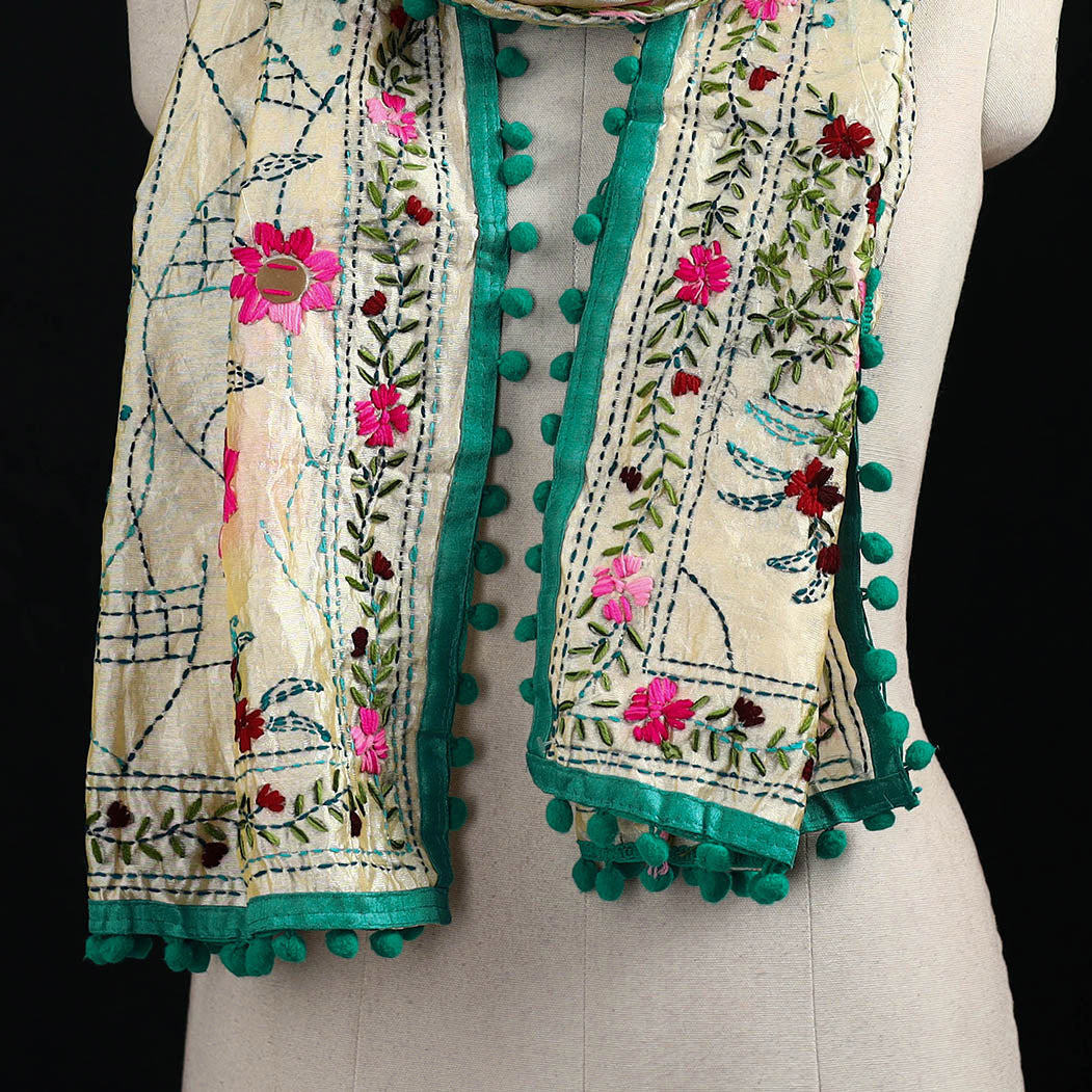 Ranihati Chanderi Silk Hand Embroidered Stole with Pom Pom 262