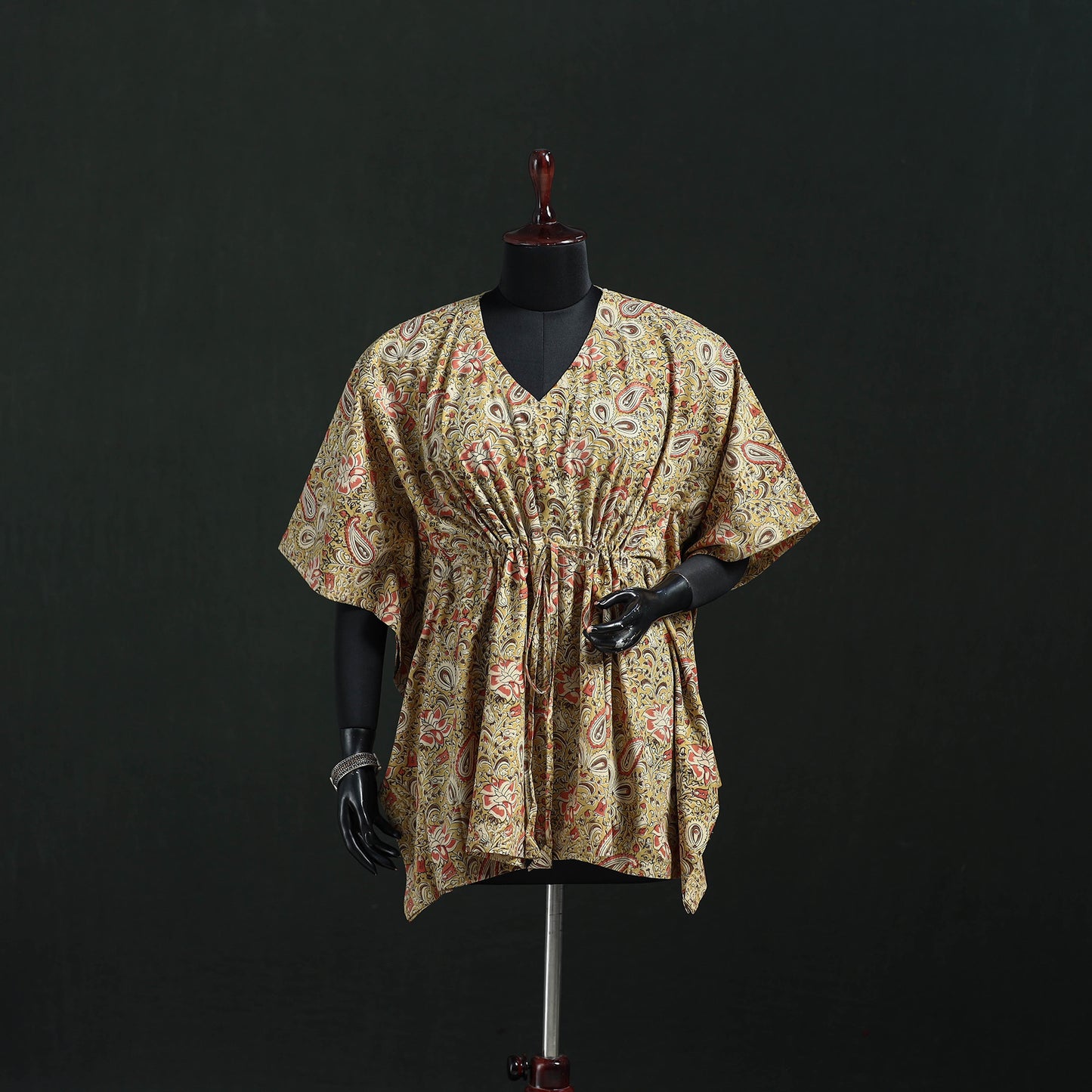 Beige - Kalamkari Hand Block Print Natural Dyed Cotton Kaftan (Short) 37