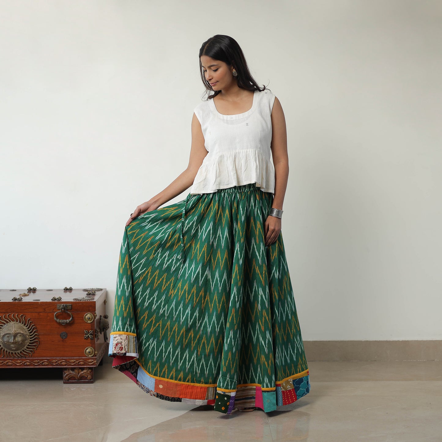 Green - 24 Kali Cotton Pochampally Ikat Skirt with Border 01