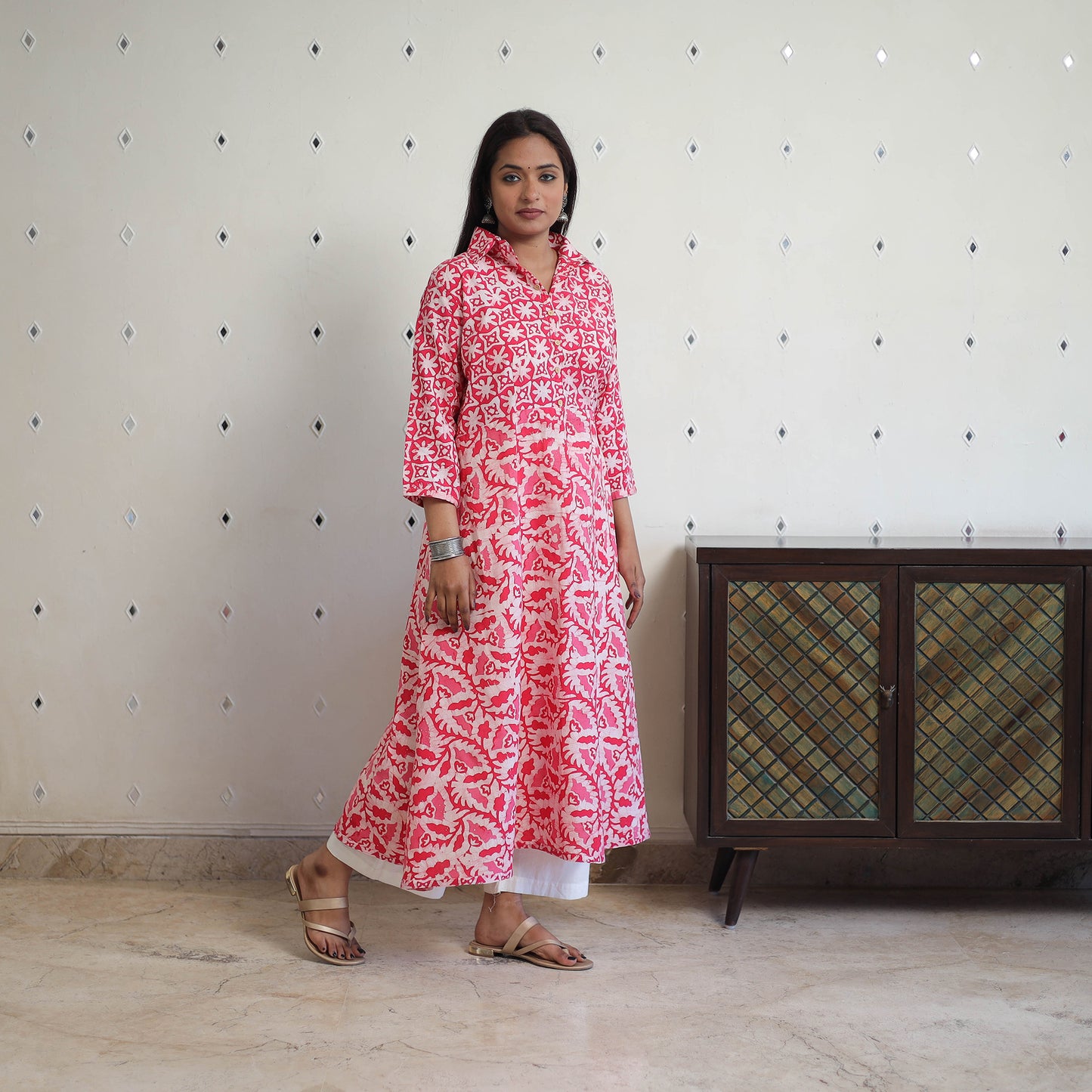 Pink - Cotton A-Line Batik Print Kurta 04