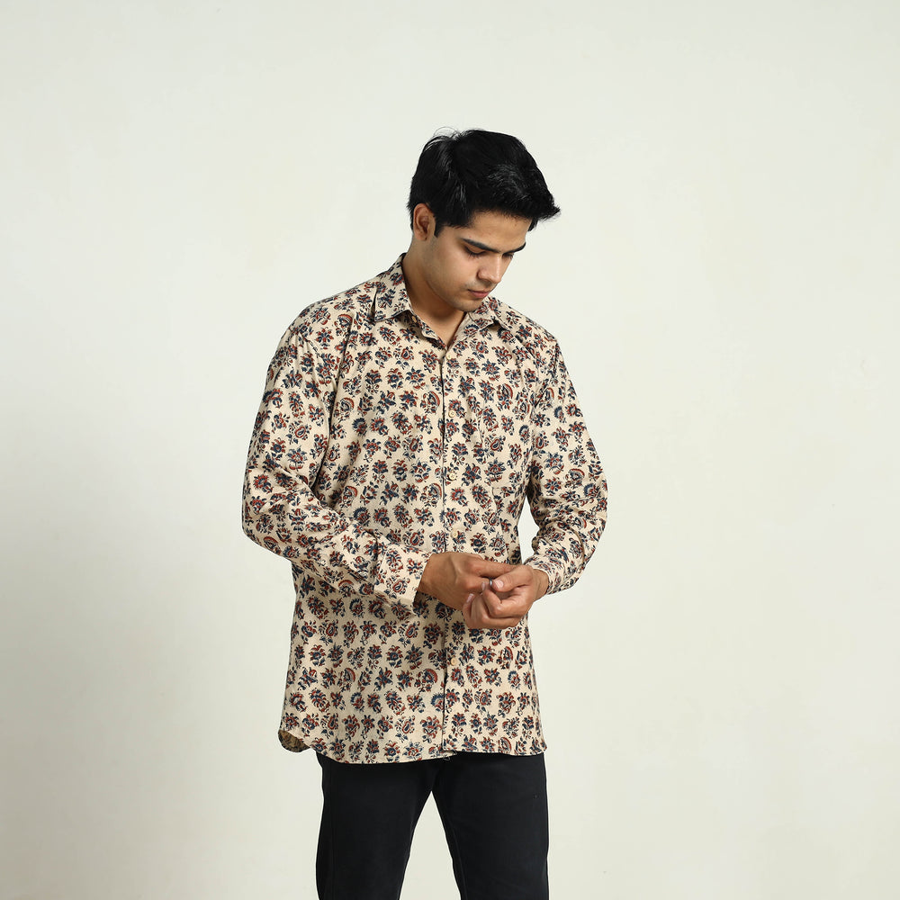 Beige - Pedana Block Print Cotton Men Kalamkari Shirt 03