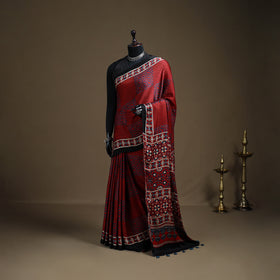 Ajrakh Hand Block Print Natural Dyed Modal Silk Saree 09
