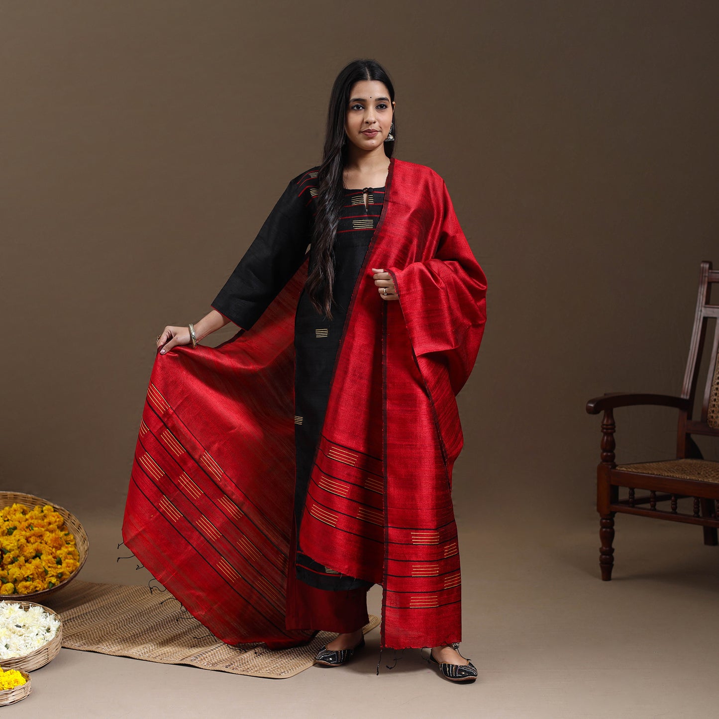 Black - Bhagalpuri Handloom Tussar Silk Suit Set 10