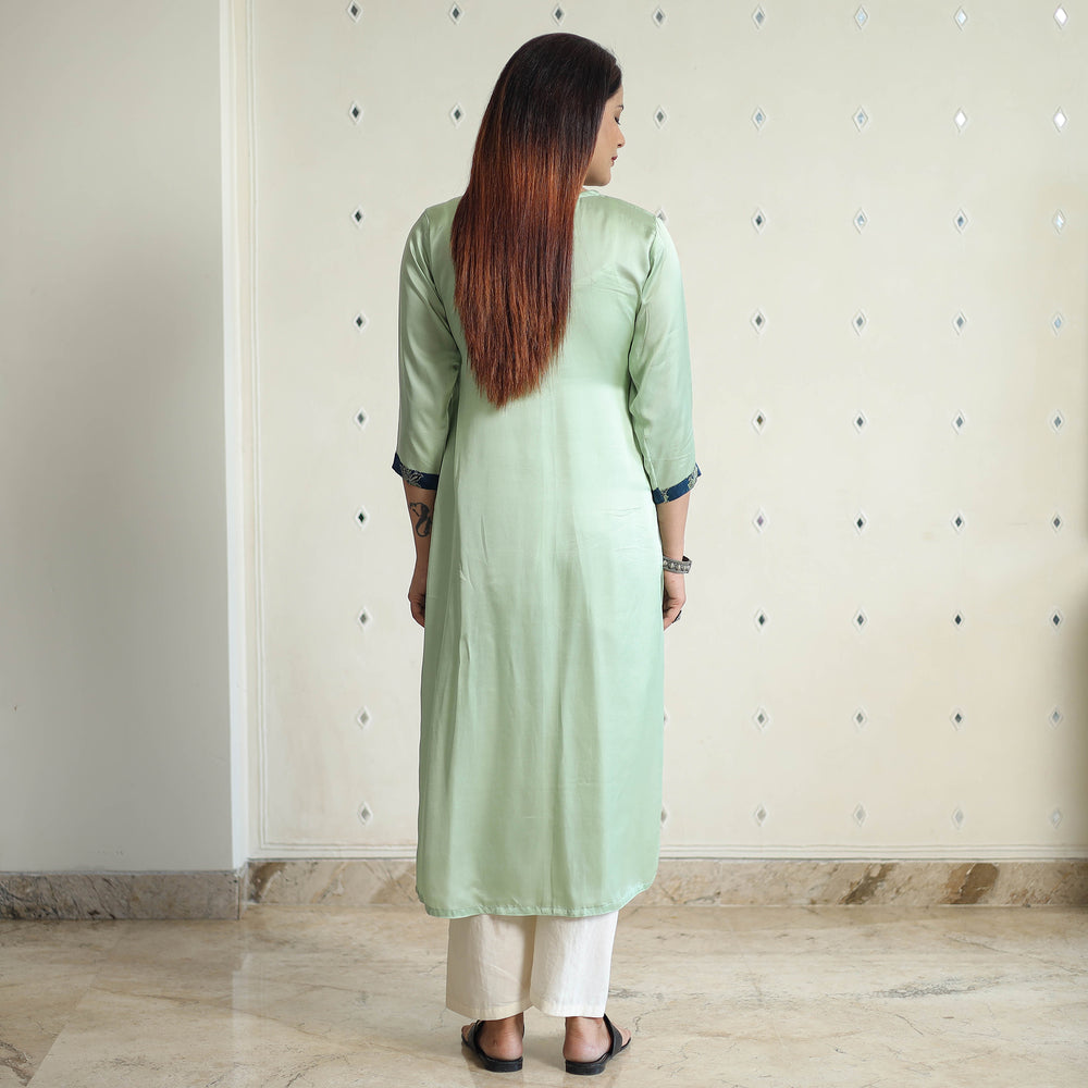 Light Olive Green - Modal Silk Plain Long Straight Kurta 14