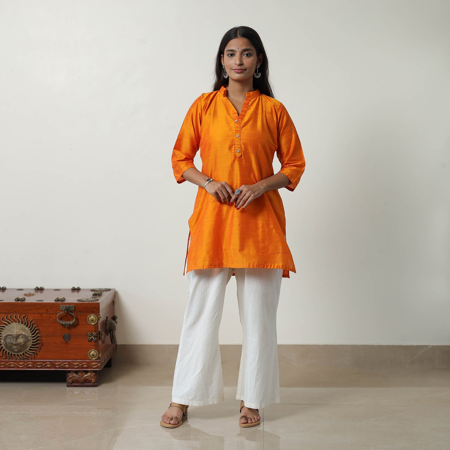 Khyati Orange Slub Silk Short Plain Kurta