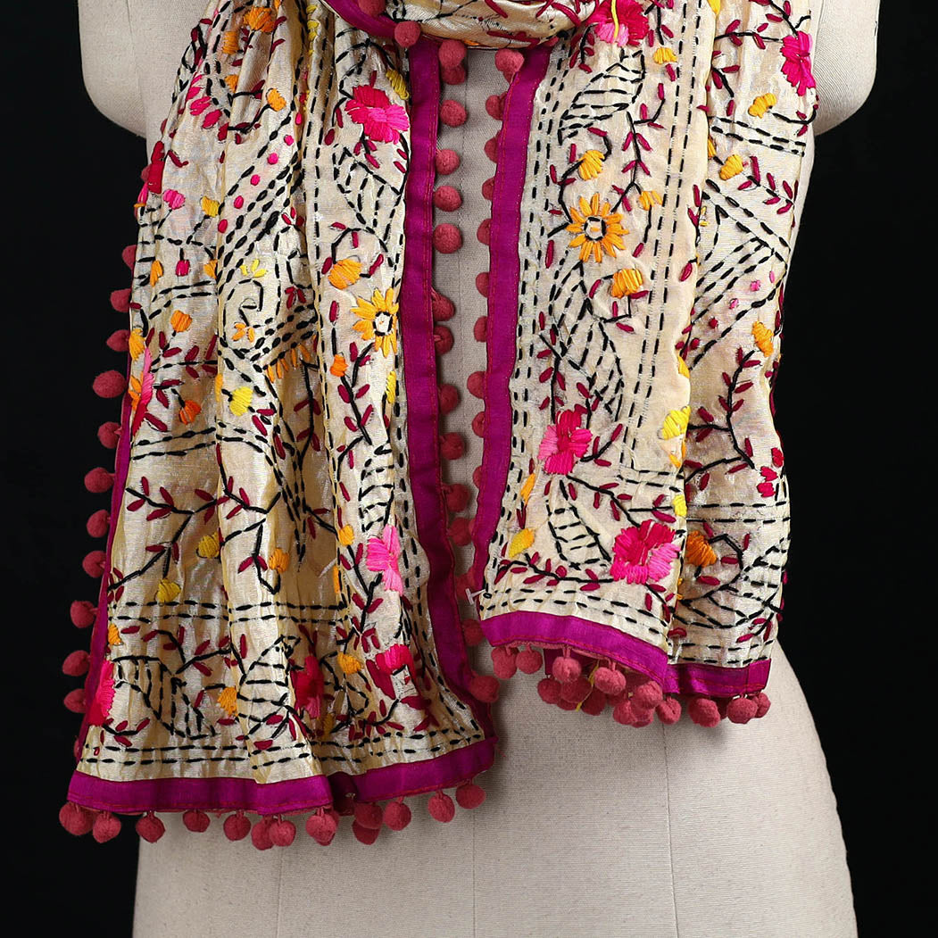 Ranihati Chanderi Silk Hand Embroidered Stole with Pom Pom 263