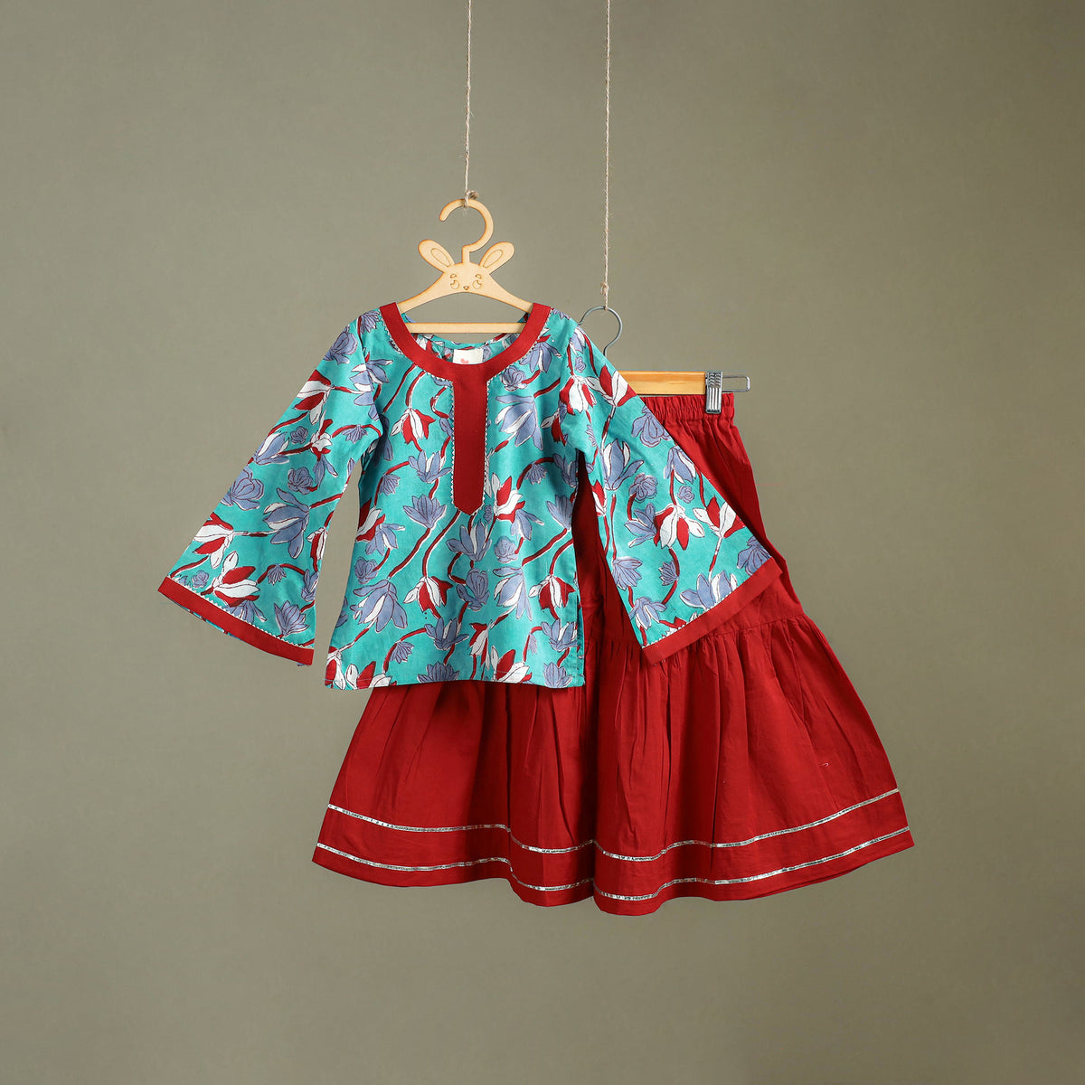 Girls Gota Work Floral Block Print Cotton Kurta with Sharara Set (3-4 Years) 15