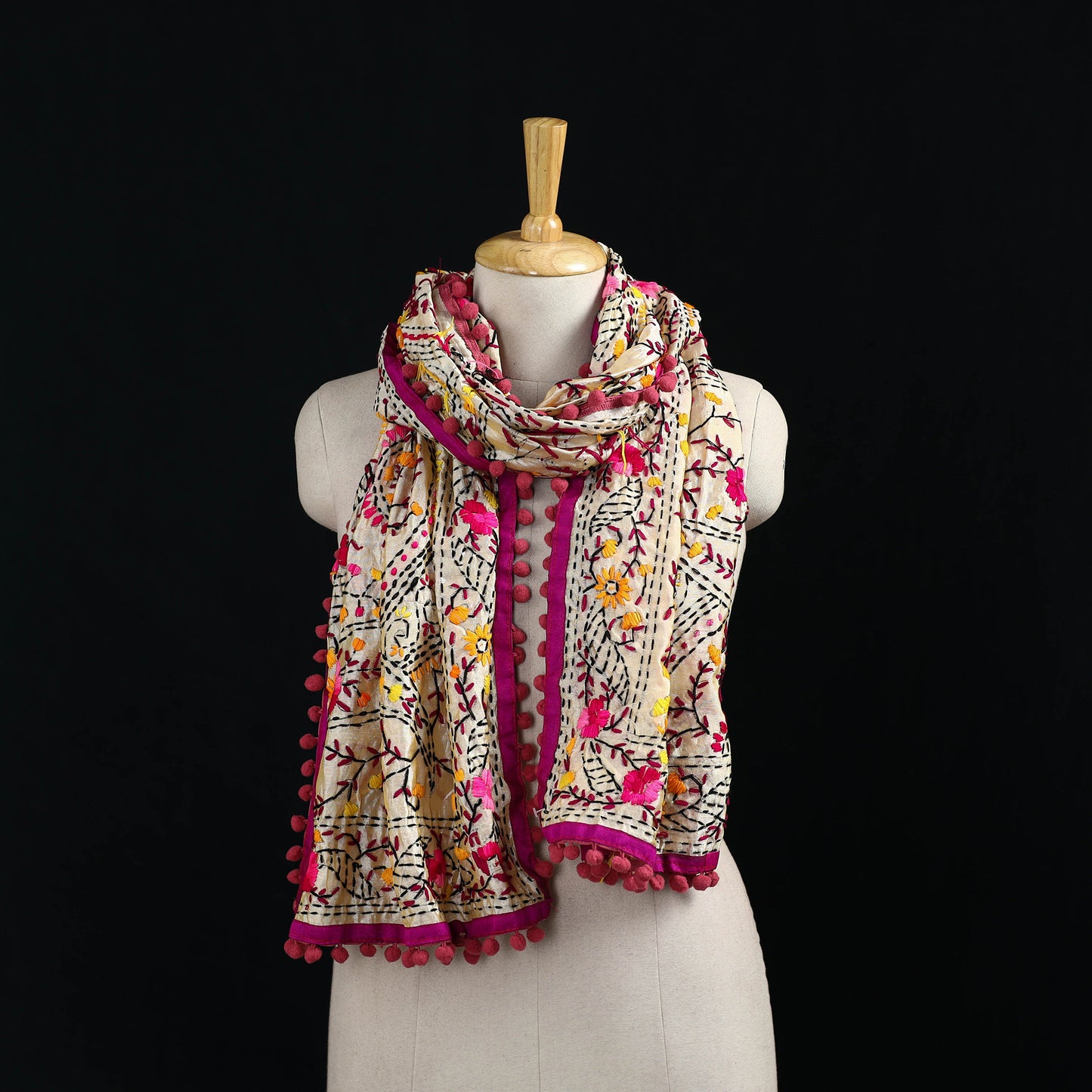 Ranihati Chanderi Silk Hand Embroidered Stole with Pom Pom 263