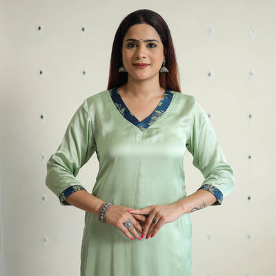 Light Olive Green - Modal Silk Plain Long Straight Kurta 14