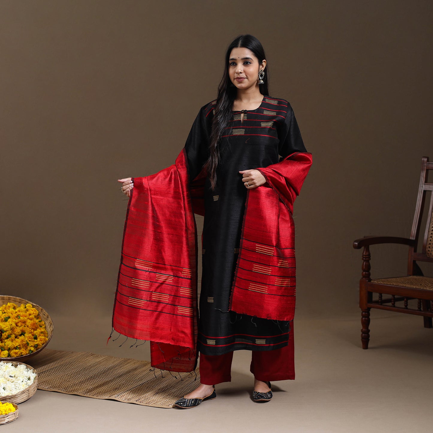 Black - Bhagalpuri Handloom Tussar Silk Suit Set 10