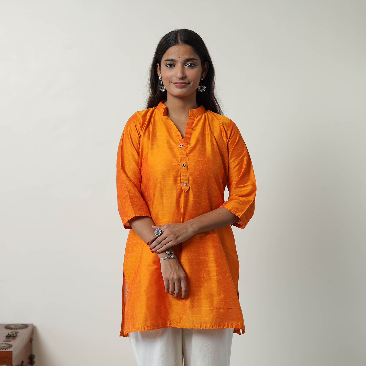 Khyati Orange Slub Silk Short Plain Kurta