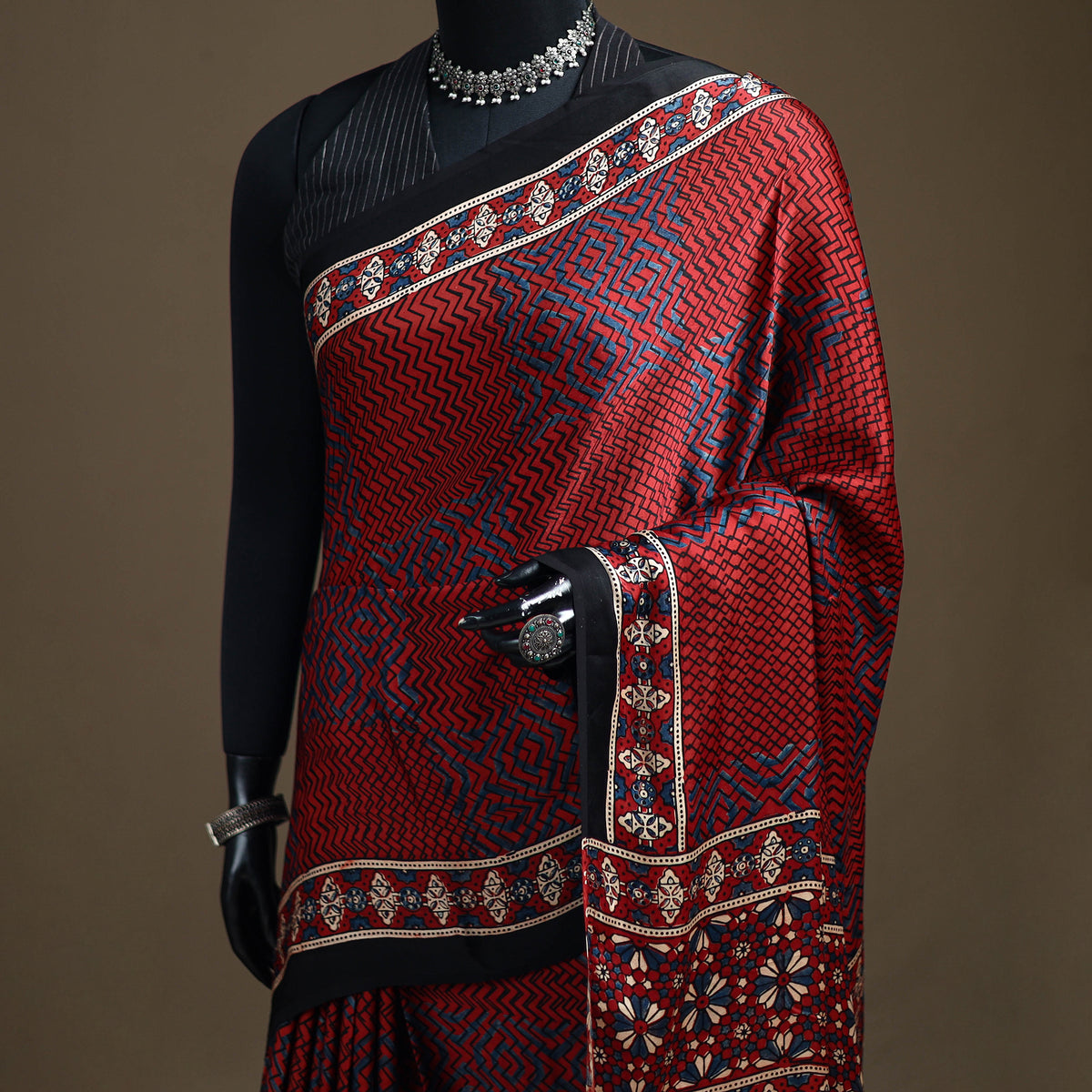 Ajrakh Hand Block Print Natural Dyed Modal Silk Saree 09