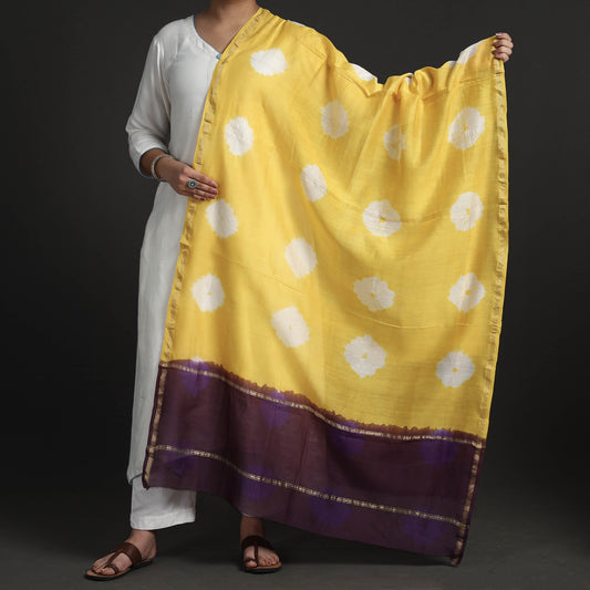 Yellow - Exclusive!! Handloom Shibori Tie-Dye Chanderi Silk Dupatta with Zari Border