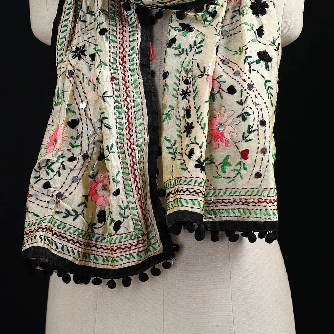 Ranihati Chanderi Silk Hand Embroidered Stole with Pom Pom 264