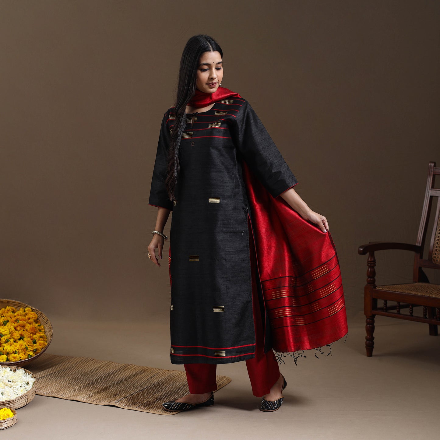 Black - Bhagalpuri Handloom Tussar Silk Suit Set 10