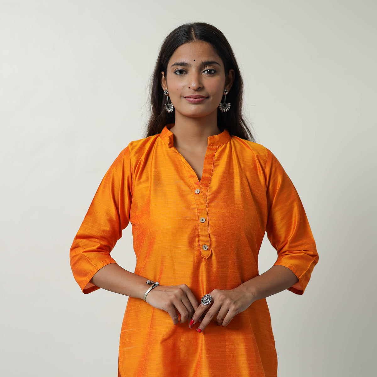 Khyati Orange Slub Silk Short Plain Kurta