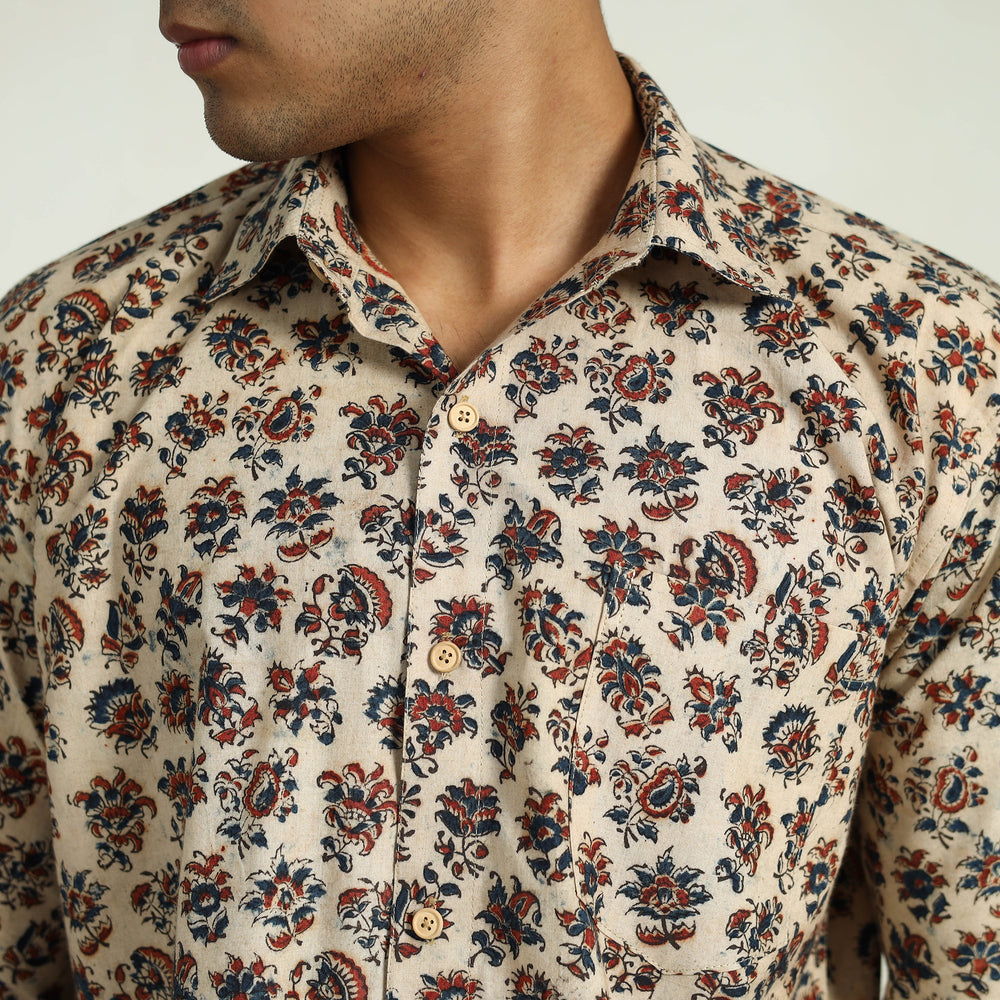 Beige - Pedana Block Print Cotton Men Kalamkari Shirt 03