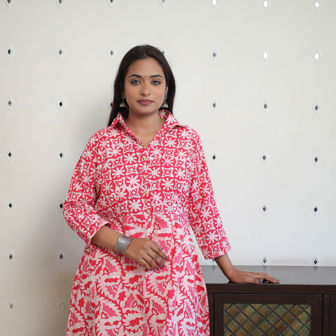 Pink - Cotton A-Line Batik Print Kurta 04