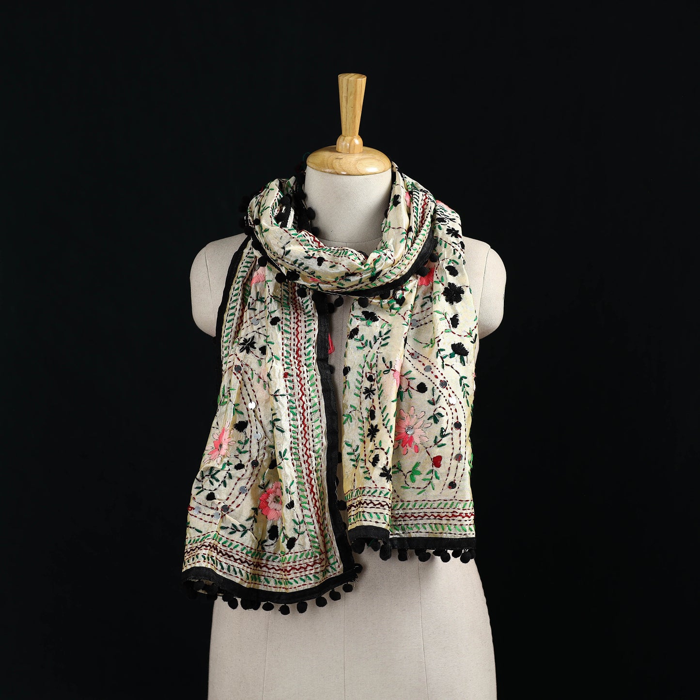 Ranihati Chanderi Silk Hand Embroidered Stole with Pom Pom 264