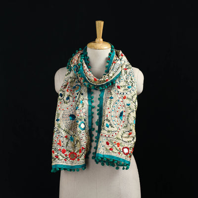 Ranihati Chanderi Silk Hand Embroidered Stole with Pom Pom 265