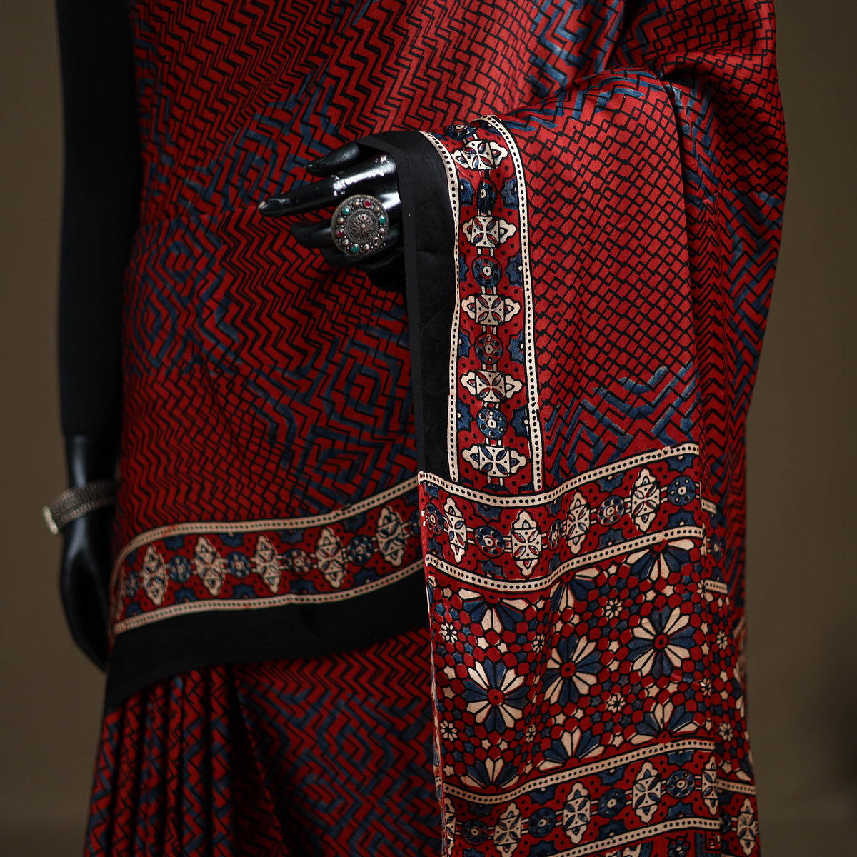 Ajrakh Hand Block Print Natural Dyed Modal Silk Saree 09