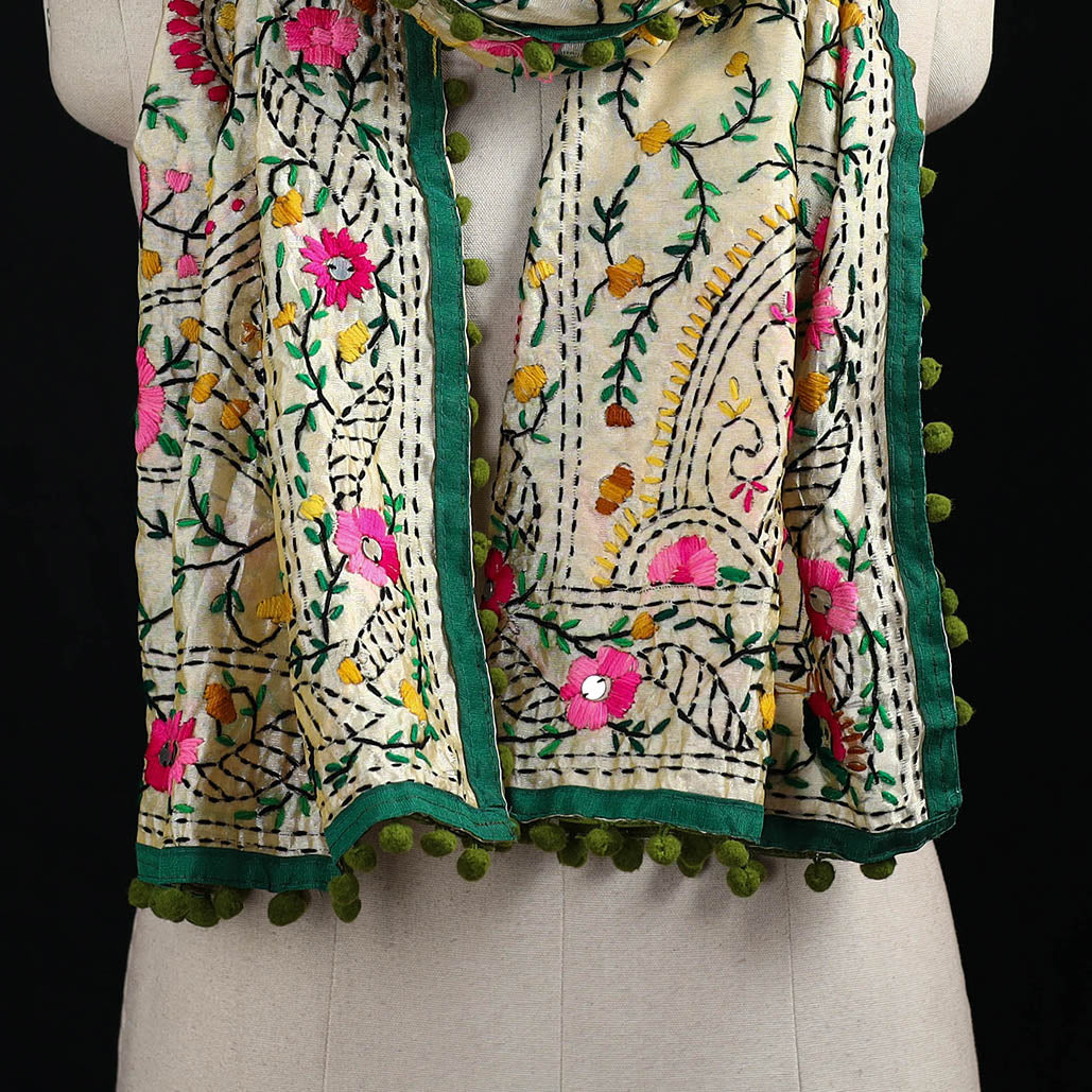 Ranihati Chanderi Silk Hand Embroidered Stole with Pom Pom 266