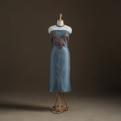 Blue - Handpainted Srikalahasti Handloom Chanderi Silk Unstitched Kurta (2.3M) 33