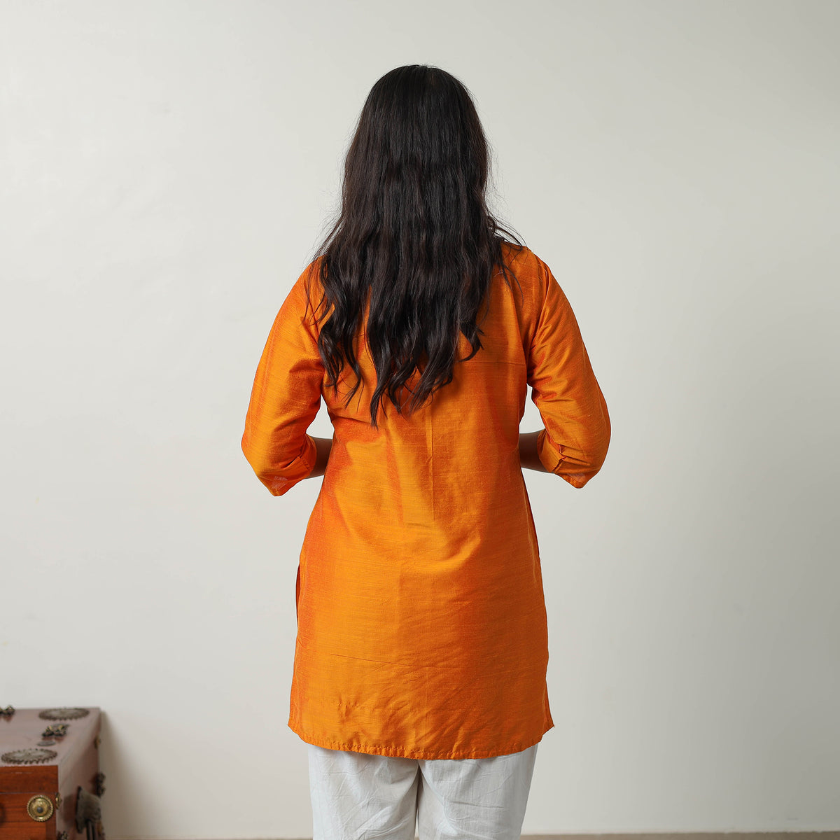 Khyati Orange Slub Silk Short Plain Kurta