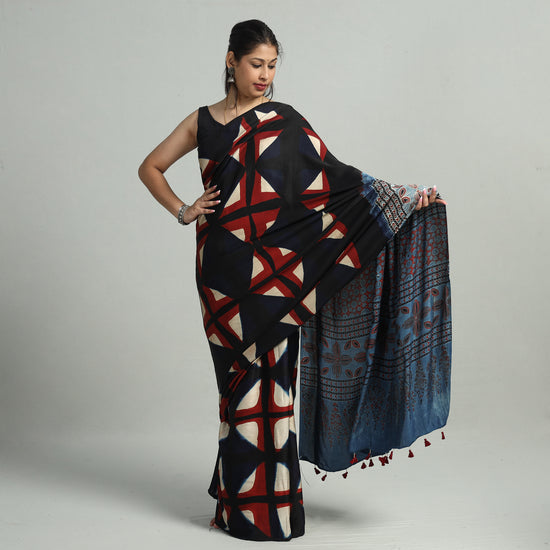 Ajrakh Block Printed Clamp Dyed Modal Silk Saree with Tassels 13