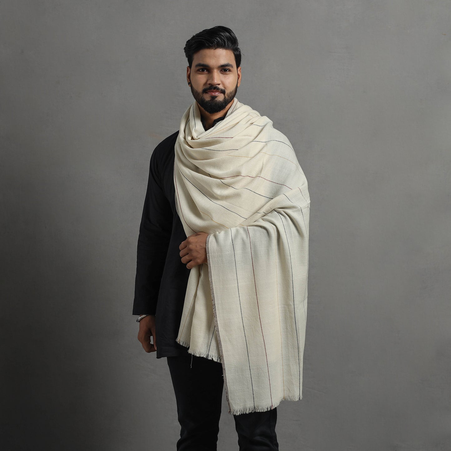 White - Kumaun Handwoven Pure Merino Wool Shawl for Men 14