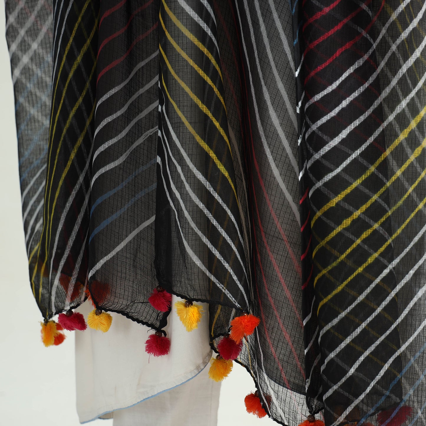 Black - Leheriya Tie-Dye Kota Doria Cotton Dupatta with Tassels 55