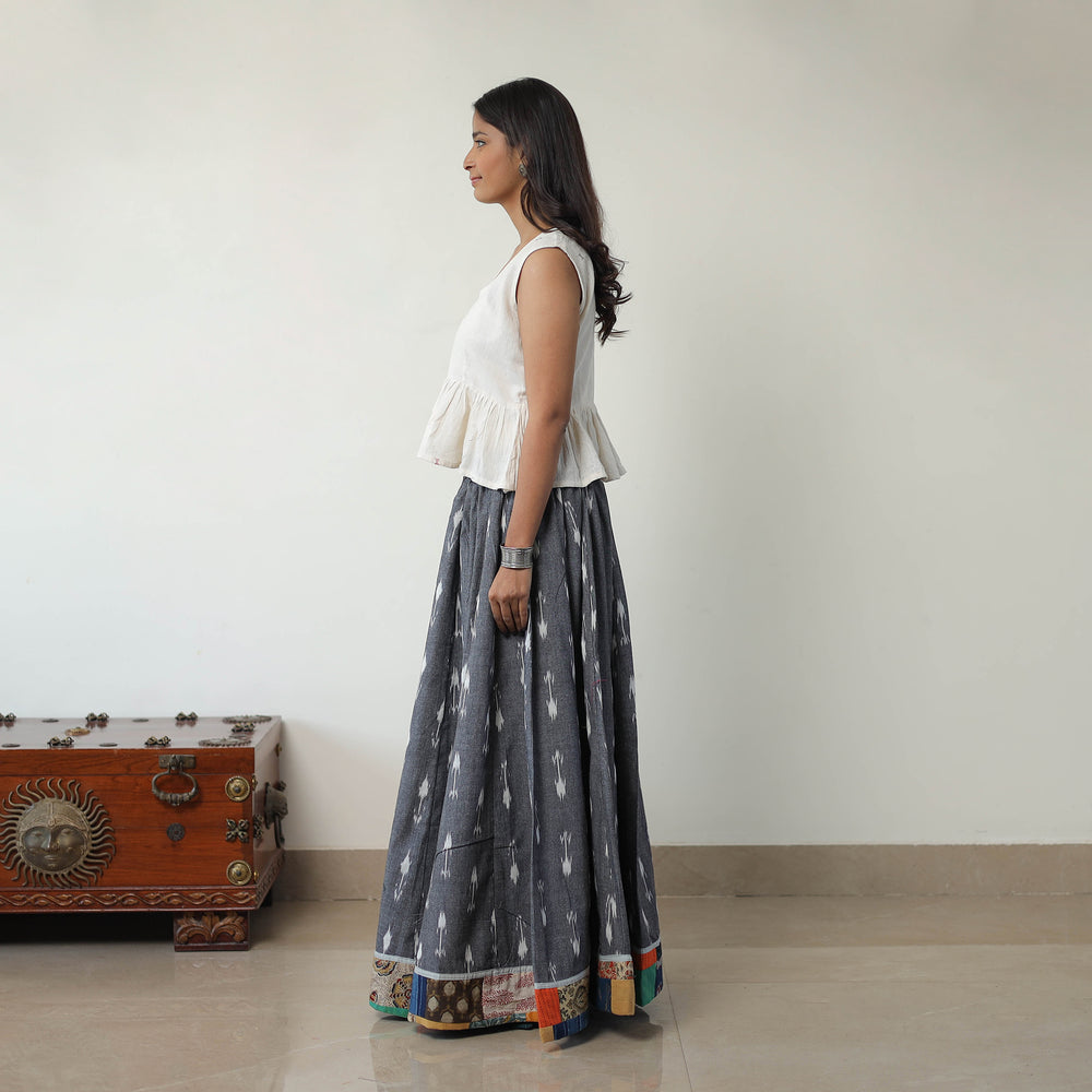 Grey - 24 Kali Cotton Pochampally Ikat Skirt with Border 02